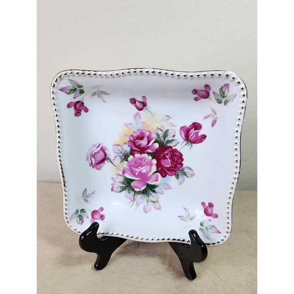 Square Bowl Floral Design Pink Roses 8 1/4" Porcelain Gold Trim Japan Vintage - Picture 1 of 10